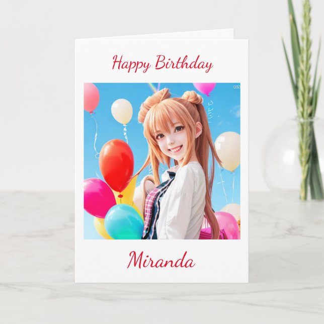 Smiling Anime Girl with Balloons Birthday Card (Front)