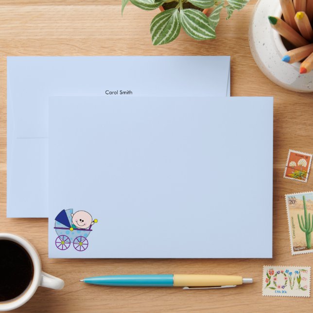 Smiling Baby Boy in Blue Carriage Baby Shower Envelope (Desk)