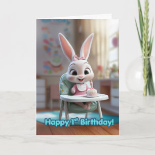Smiling Baby Bunny in High Chair w/ 1st Bday Cake Card