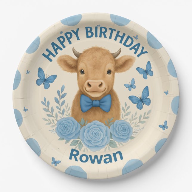 Smiling Baby Cow with Butterflies  Paper Plate (Front)