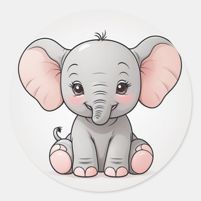 Smiling Baby Elephant with Blush Cheeks, kawaii Classic Round Sticker (Front)