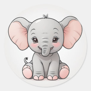 Smiling Baby Elephant with Blush Cheeks, kawaii Classic Round Sticker