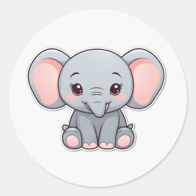 Smiling Baby Elephant with Blush Cheeks, kawaii Classic Round Sticker (Front)
