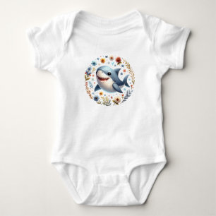 Smiling Baby Shark in Floral Sea Bodysuit