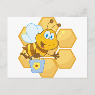 Smiling bee hold a bucket postcard