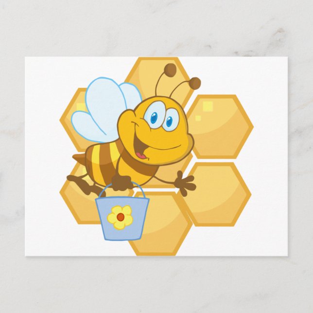 Smiling bee hold a bucket postcard (Front)