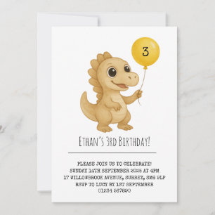 Smiling Beige Dinosaur Yellow Balloon Birthday Invitation