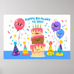 Smiling Birthday Cake And Balloons Poster