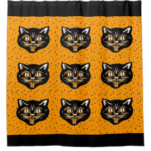 Smiling Black Cat Face Orange Accents big Eyes Shower Curtain