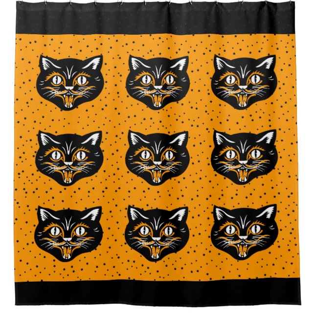 Smiling Black Cat Face Orange Accents big Eyes Shower Curtain (Front)