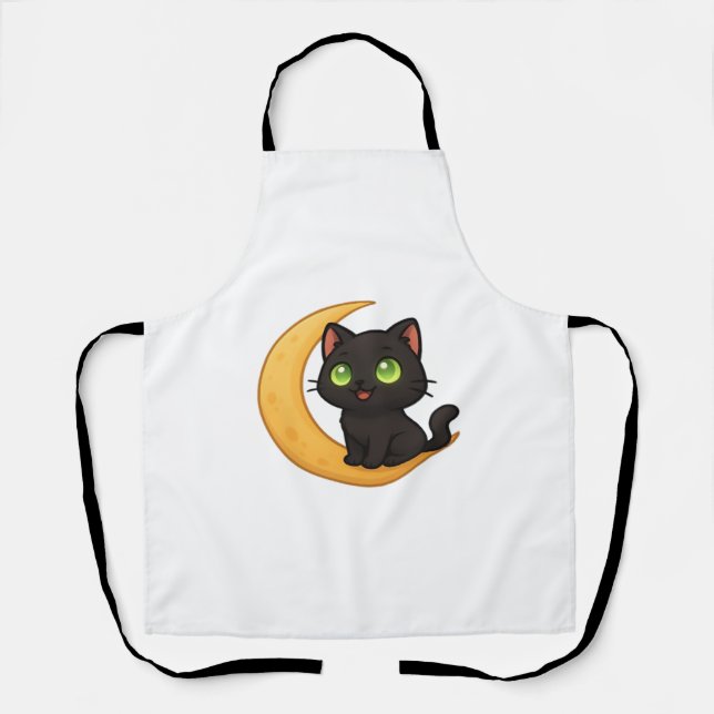 Smiling Black Cat with Glowing Green Eyes Sitting  Apron (Front)