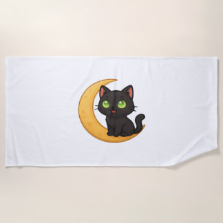 Smiling Black Cat with Glowing Green Eyes Sitting Beach Towel