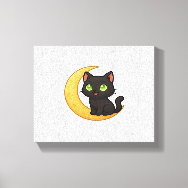 Smiling Black Cat with Glowing Green Eyes Sitting  Canvas Print (Front)