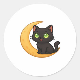 Smiling Black Cat with Glowing Green Eyes Sitting  Classic Round Sticker
