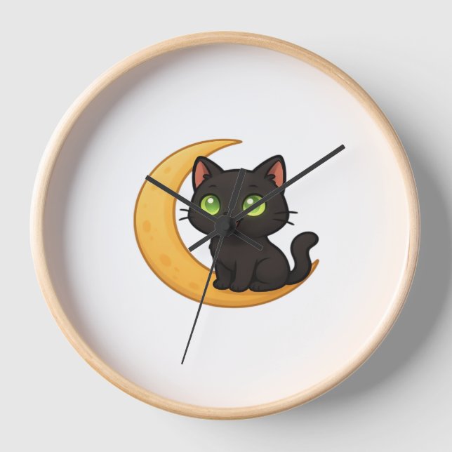 Smiling Black Cat with Glowing Green Eyes Sitting  Clock (Front)
