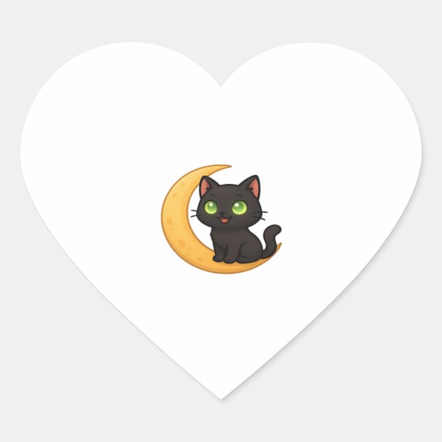 Smiling Black Cat with Glowing Green Eyes Sitting  Heart Sticker (Front)