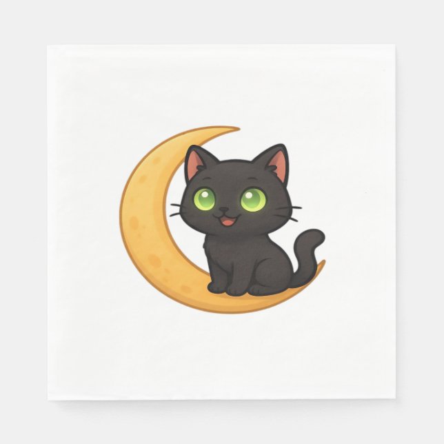 Smiling Black Cat with Glowing Green Eyes Sitting  Napkin (Front)