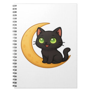 Smiling Black Cat with Glowing Green Eyes Sitting  Notebook