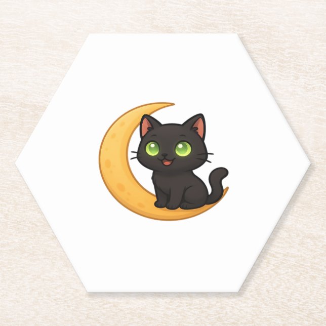 Smiling Black Cat with Glowing Green Eyes Sitting  Paper Coaster (Front)