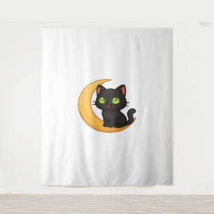 Smiling Black Cat with Glowing Green Eyes Sitting  Tapestry