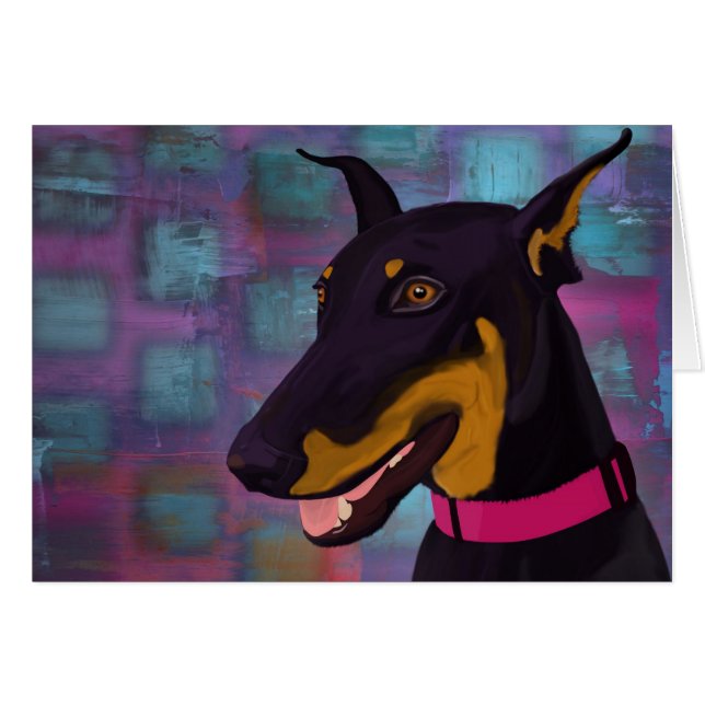 Smiling black doberman on a purple background (Front Horizontal)