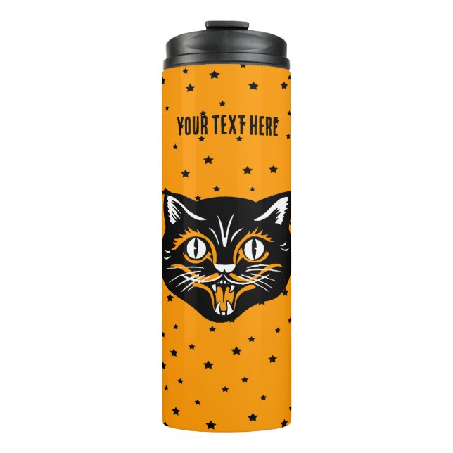 Smiling Black Halloween Cat Face Stars Orange Thermal Tumbler (Front)