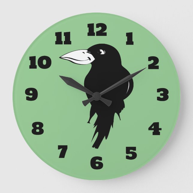 Smiling Black Raven Silhouette Drawing Large Clock (Front)