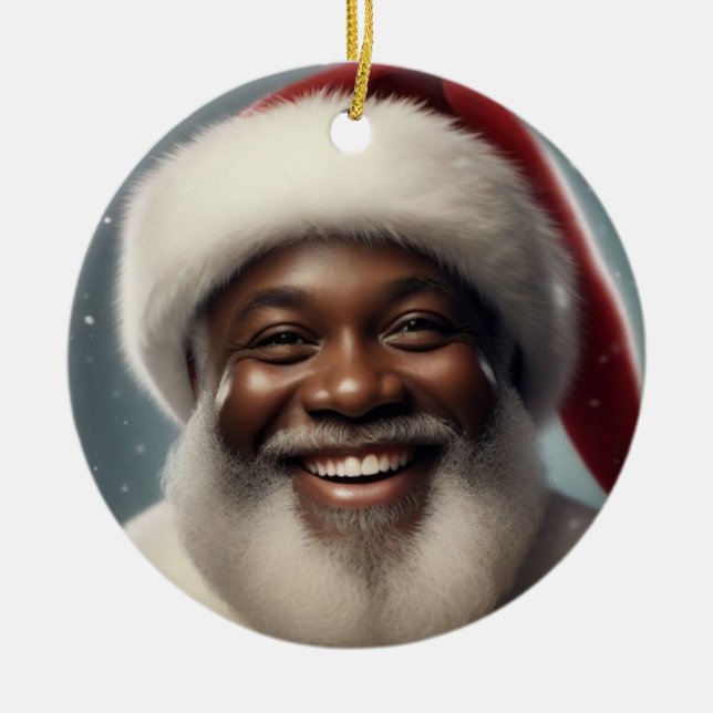 Smiling Black Santa Family Customise Circle Ceramic Tree Decoration (Front)