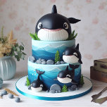 SMILING BLACK & WHITE ORCA WHALE BIRTHDAY CAKE CARD<br><div class="desc">CUTE BLACK AND WHITE ORCA WHALE THEMED  KIDS BIRTHDAY LAYER CAKE ON THE FRONT OF THE CARD.  COMPLETELY EDITABLE COPY ON THE BACK.</div>