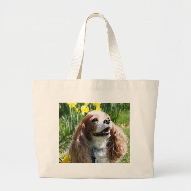 Smiling Blenheim Cavalier King Charles Spaniel Large Tote Bag (Front)