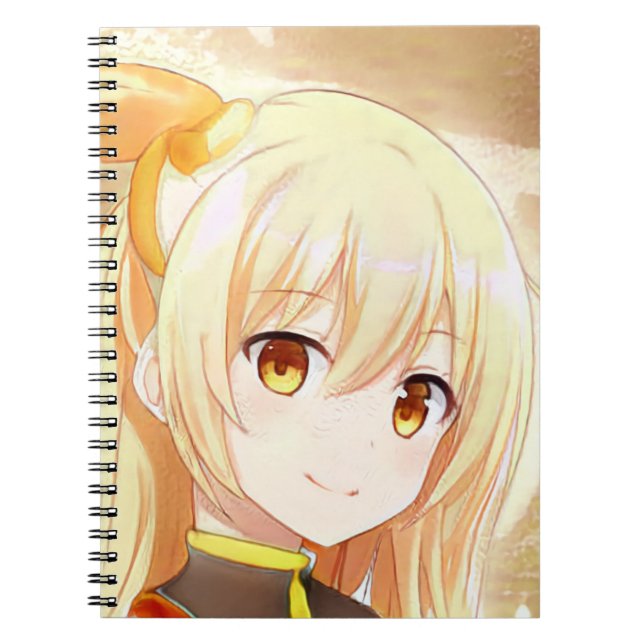 Smiling blonde girl with amber eyes anime manga notebook (Front)