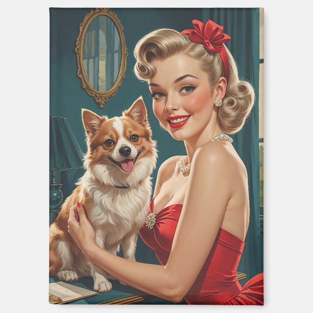 Smiling Blonde Pin-Up in red Dress with Cute Dog Magnet (Front)