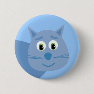Smiling blue cartoon cat button / badge