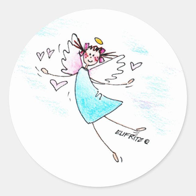 Smiling blue gowned angel bringing hearts of love classic round sticker (Front)