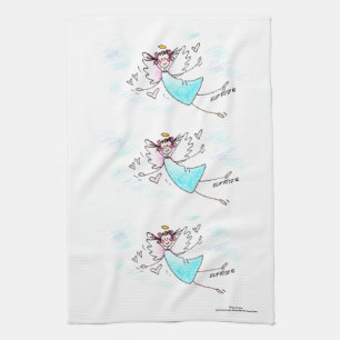 Smiling blue gowned angel bringing hearts of love tea towel
