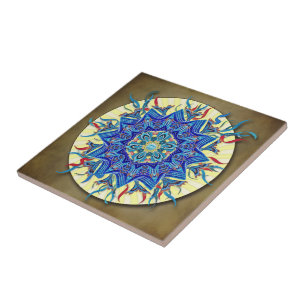 Smiling Blue Moon Mandala Ceramic Tile