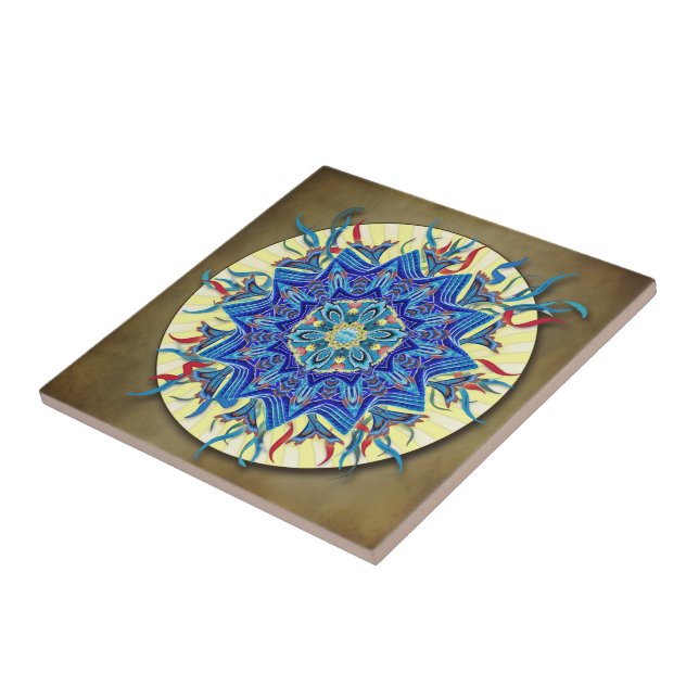 Smiling Blue Moon Mandala Ceramic Tile (Side)