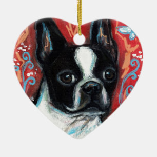 Smiling Boston Terrier Ceramic Tree Decoration