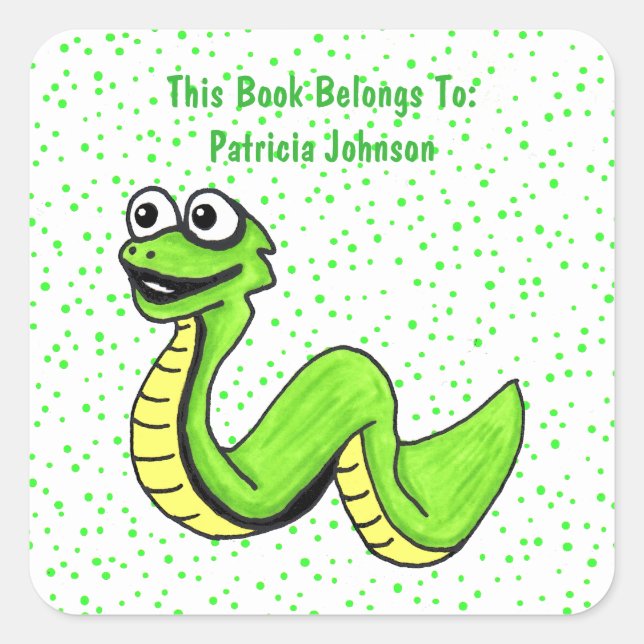 Smiling Bright Green Cartoon Snake Polka Dots Square Sticker (Front)
