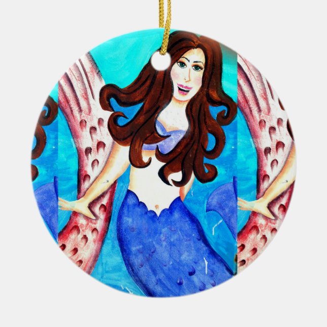 smiling brunette mermaid ceramic tree decoration (Front)