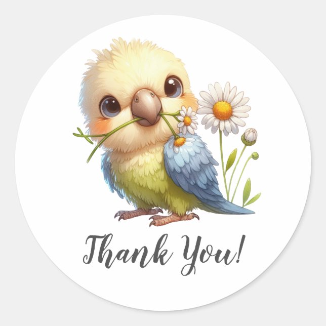Smiling Budgie and Bloom Thank You Classic Round Sticker (Front)