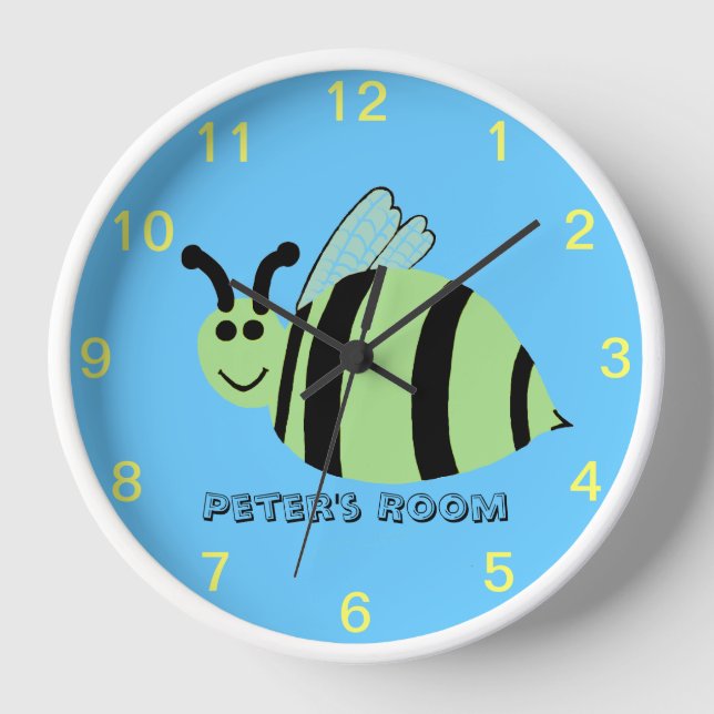 Smiling Bumble Bee Kids Numbered Blue Wall Clock (Front)