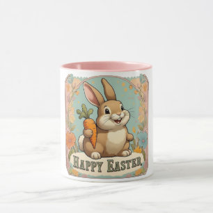 Smiling Bunny with Carrot Floral Happy Easter Mug
