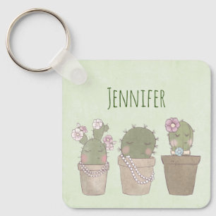 Smiling Cactus Trio Watercolor Design Key Ring