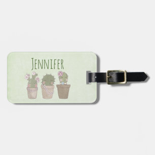 Smiling Cactus Trio Watercolor Design Luggage Tag