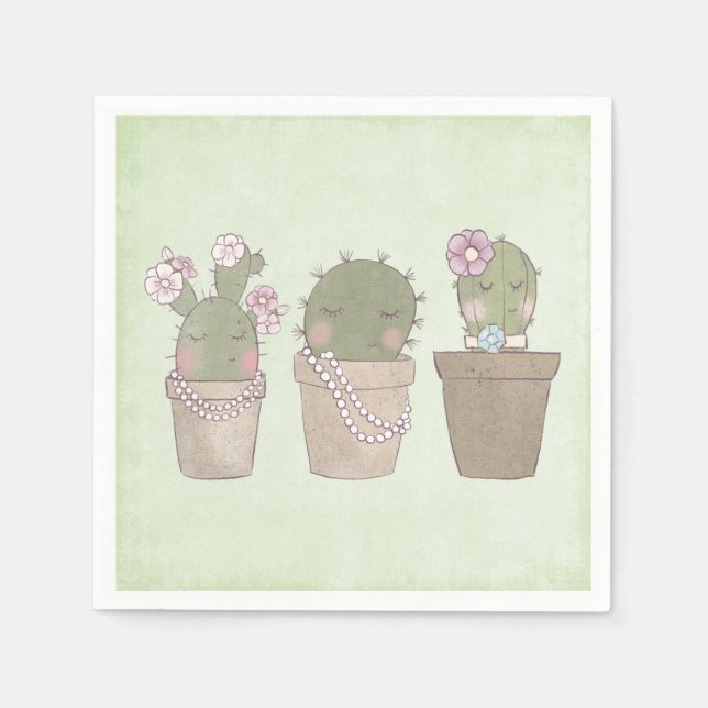 Smiling Cactus Trio Watercolor Design Napkin (Front)