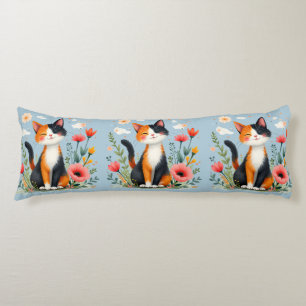Smiling Calico Cat in Blooming Garden Body Cushion