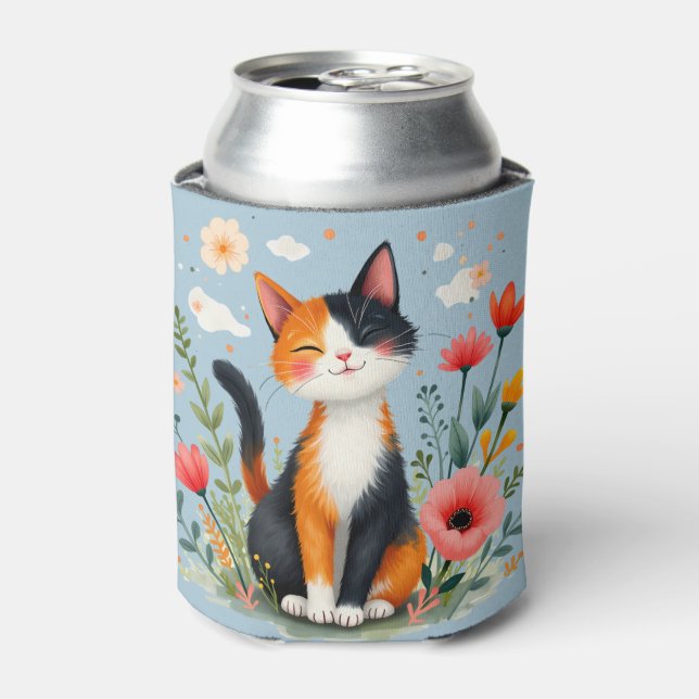 Smiling Calico Cat in Blooming Garden Can Cooler (Can Front)