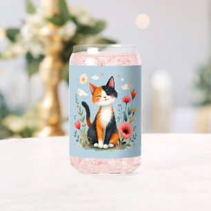 Smiling Calico Cat in Blooming Garden Can Glass