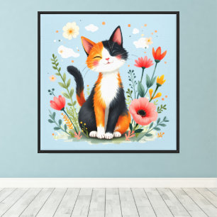 Smiling Calico Cat in Blooming Garden Canvas Print